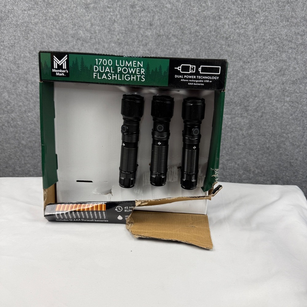 Member's Mark 1700 Lumen Dual Power Flashlights 3-Pack Black Aluminum LED USB-C